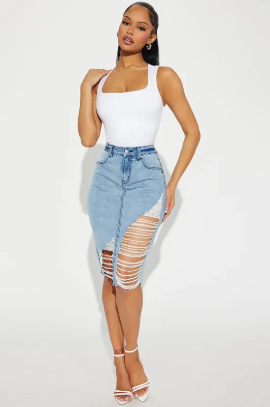 Natasha Distressed Denim Midi Skirt - Medium Wash sold by Fashion Nova