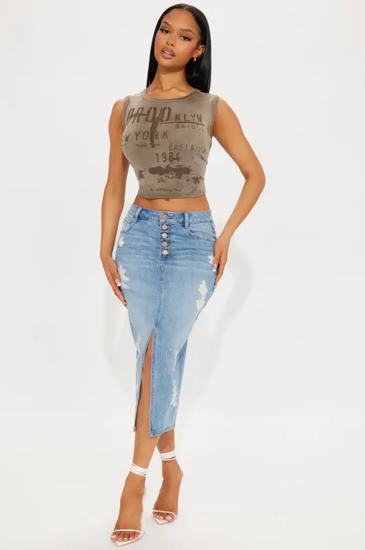 Ezra Distressed Denim Midi Skirt - Medium Wash sold by Fashion Nova