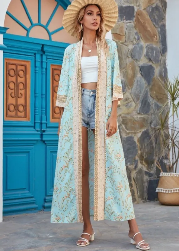 Long Sky Blue Floral kimono sold by Boho Mood
