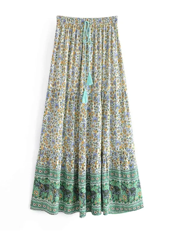 Boho maxi Skirt Esme Flower  in green with yellow and purple tones sold by Boho Mood