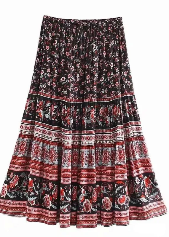 Boho Floral long Skirt with black and red tones sold by Boho Mood