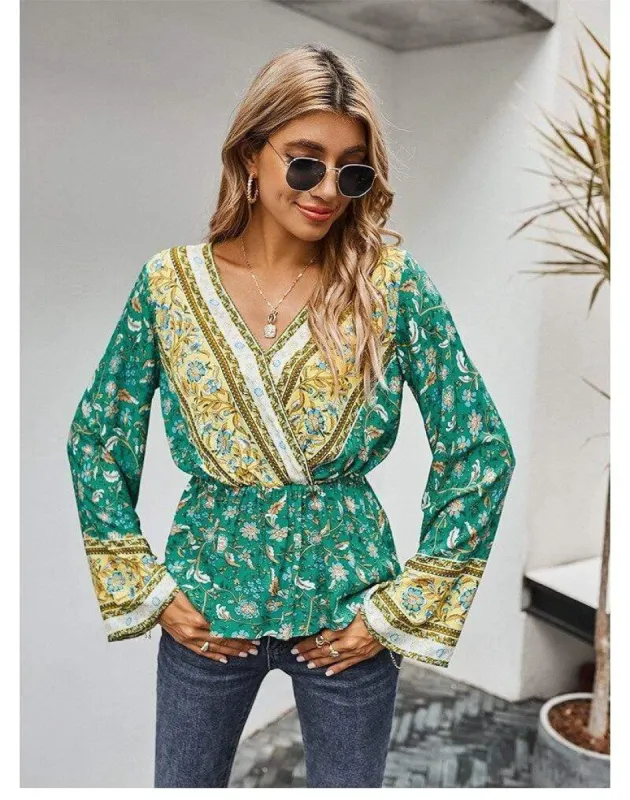 Boho Gold & Green Floral Blouse sold by Boho Mood