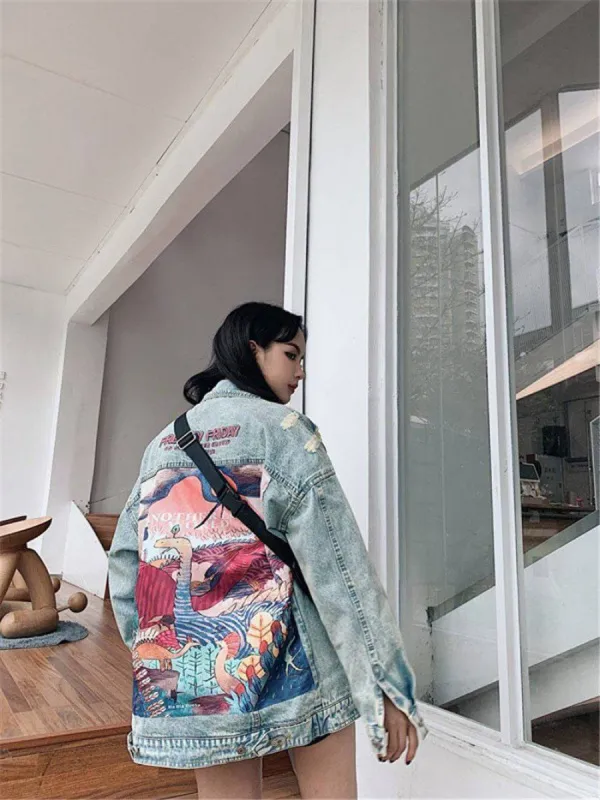 Boho Denim Jacket with a Cartoon Style Print sold by Boho Mood