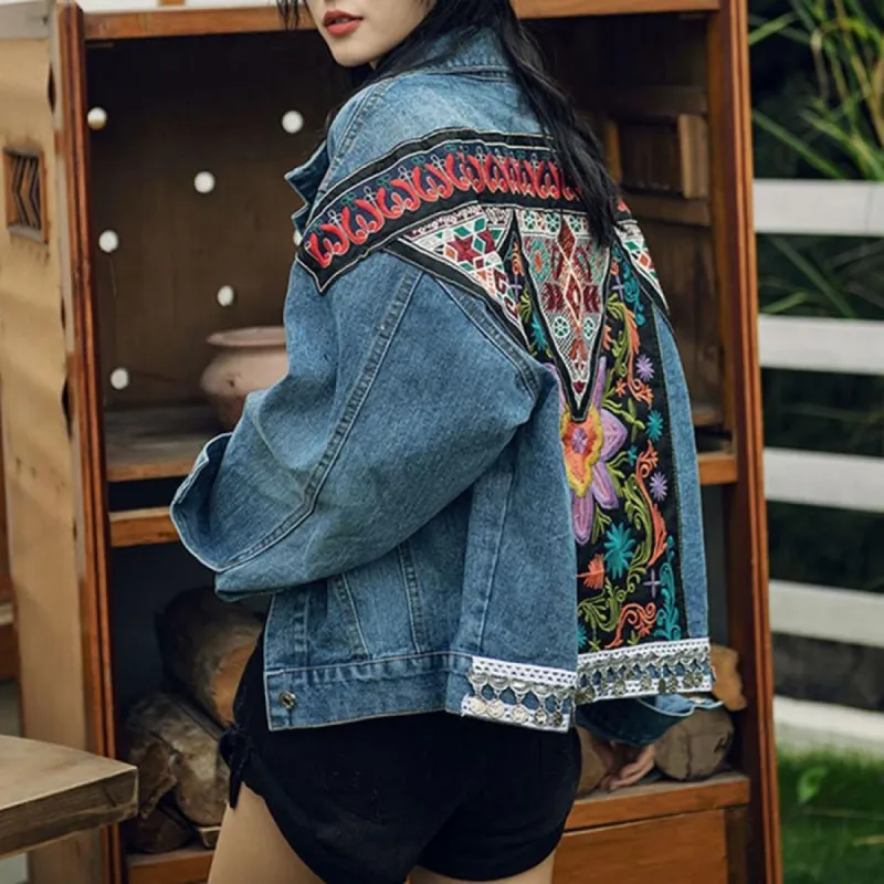 Hippie Denim Jacket with Ethnic Print at the back sold by Boho Mood