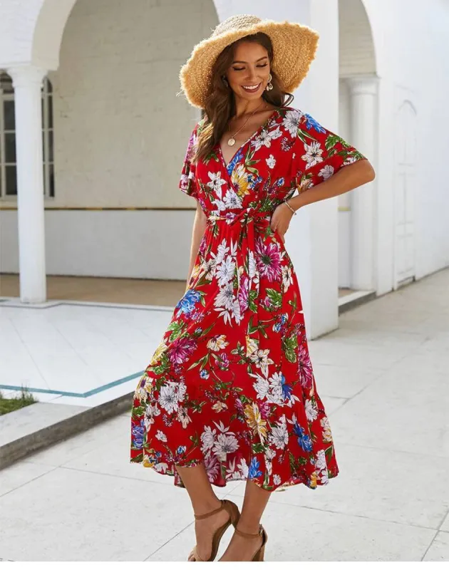 Red Floral Bohemian Long Dress sold by Boho Mood