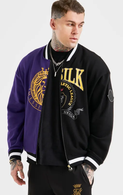 Messi x SikSilk Retro Varsity Bomber Jacket - Black & Purple sold by Siksilk