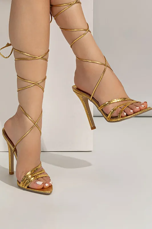 Golden Open Toe Stiletto Sandals with Lace-up sold by Zapaka