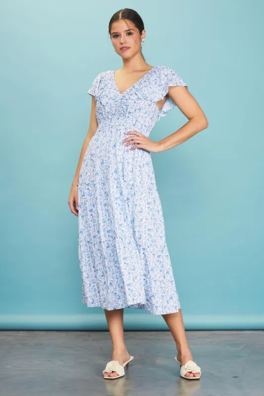 Blue Floral Front Ruched Ruffle Shoulder Tiered Midi Dress sold by Pinkblush