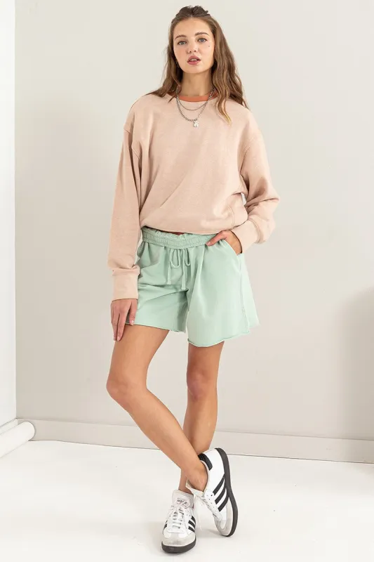 Mint Green Raw Hem Drawstring Shorts sold by Pinkblush