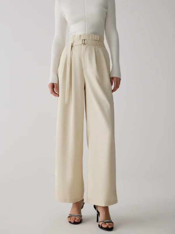 Wide-Leg Long Pants With Belt sold by COMMENSE