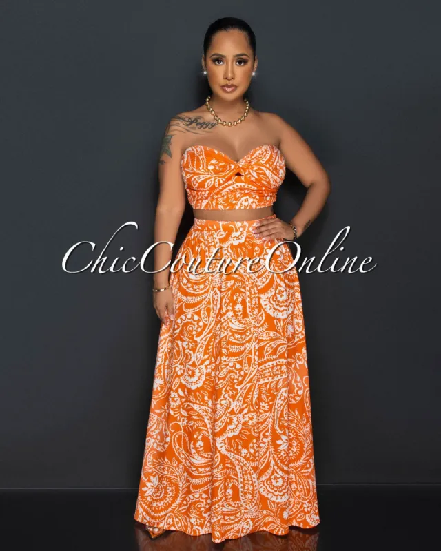 Casta Orange Wite Print Crop Top & Maxi Skirt Set sold by Chic Couture