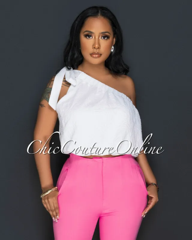 Taraz Off-White Self-Tie Single Shoulder Crop Top sold by Chic Couture