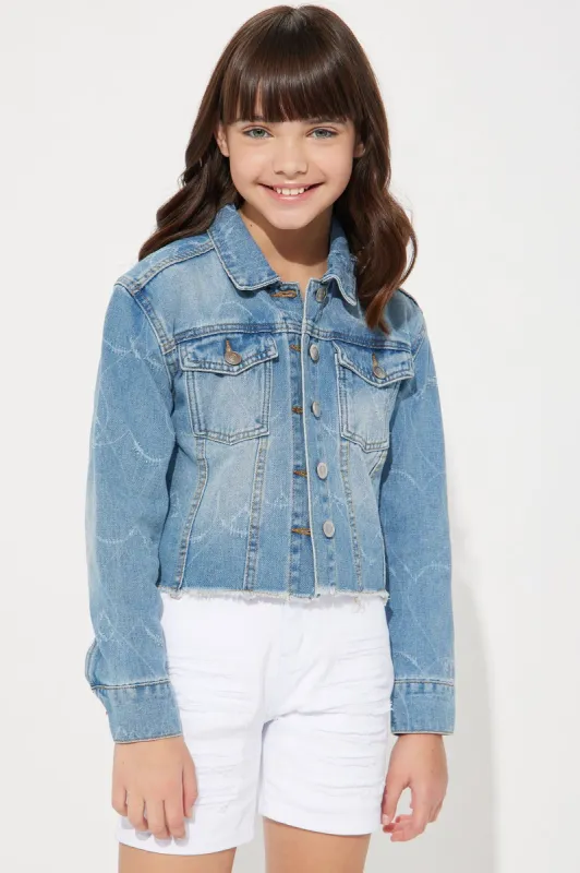 Mini Denim Kayla Print Jacket - Medium Wash sold by Fashion Nova