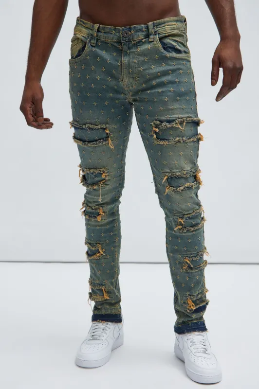 With Me Distressed Jacquard Skinny Jeans - Vintage Blue Wash sold by Fashion Nova