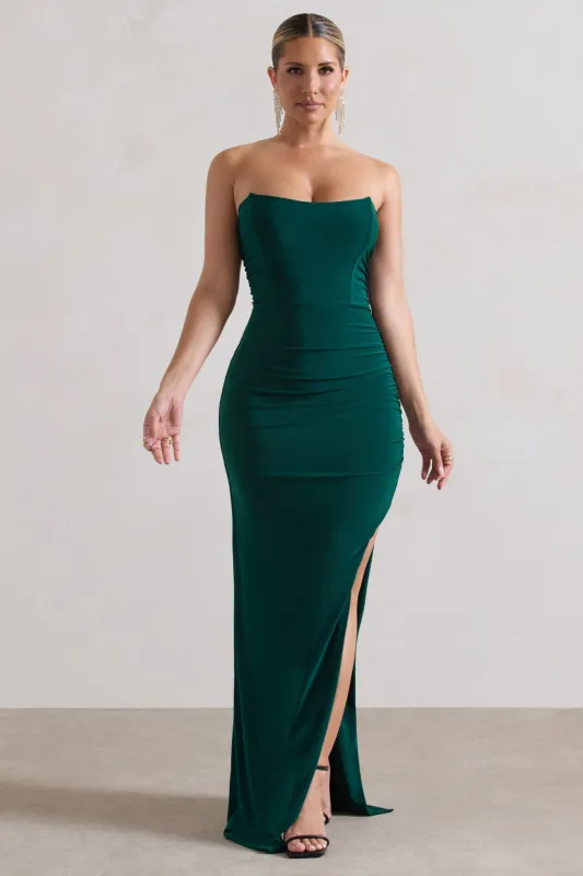 Eletta | Bottle Green Ruched Bandeau Asymmetric Maxi Dress sold by Club L London
