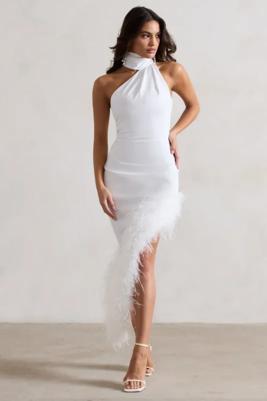 Brilliance | White Asymmetric Maxi Dress With Feather Trim sold by Club L London
