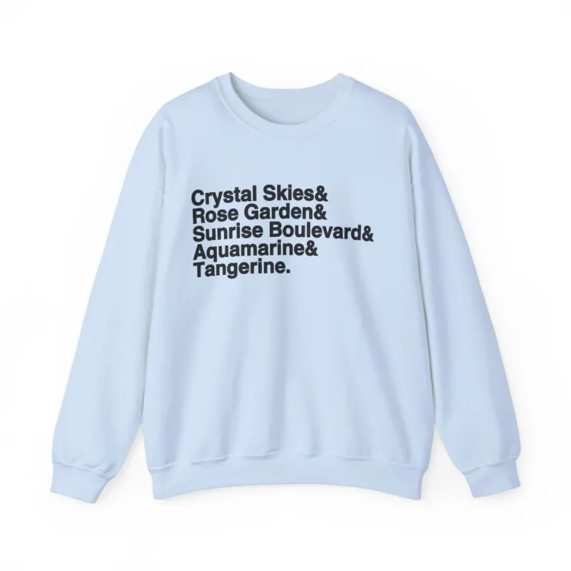 Crystal Skies, Rose Gardens, Sunrise Boulevard, Aquamarine and Tangerine Sweater sold by Rose Blush Studio