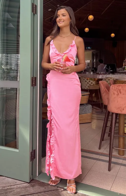 Nahanee Pink Satin Ruffle Maxi Dress sold by Beginning Boutique