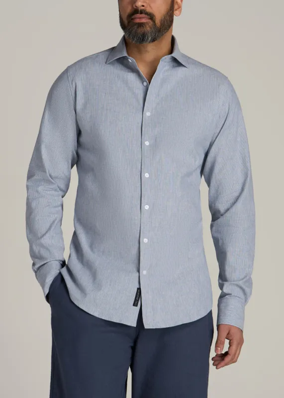Stretch Linen Dress Shirt for Tall Men in Blue and White Pinstripe sold by American Tall