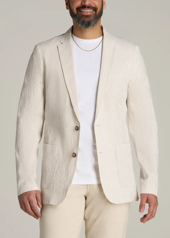 Stretch Seersucker Blazer for Tall Men in Off White and Beige Stripe sold by American Tall