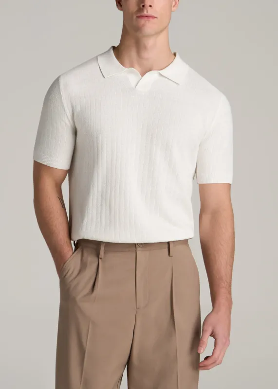 Linen Blend Ribbed Knit Polo Shirt for Tall Men in Ecru sold by American Tall