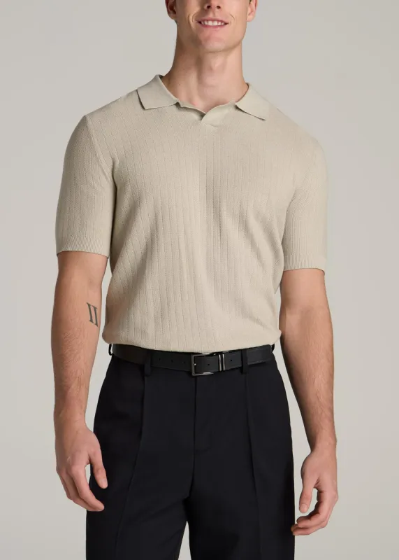 Linen Blend Ribbed Knit Polo Shirt for Tall Men in Stone sold by American Tall