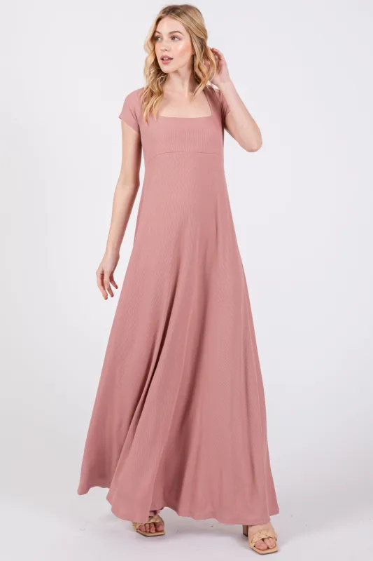 Mauve Ribbed Square Neck Short Sleeve Maxi Dress sold by Pinkblush
