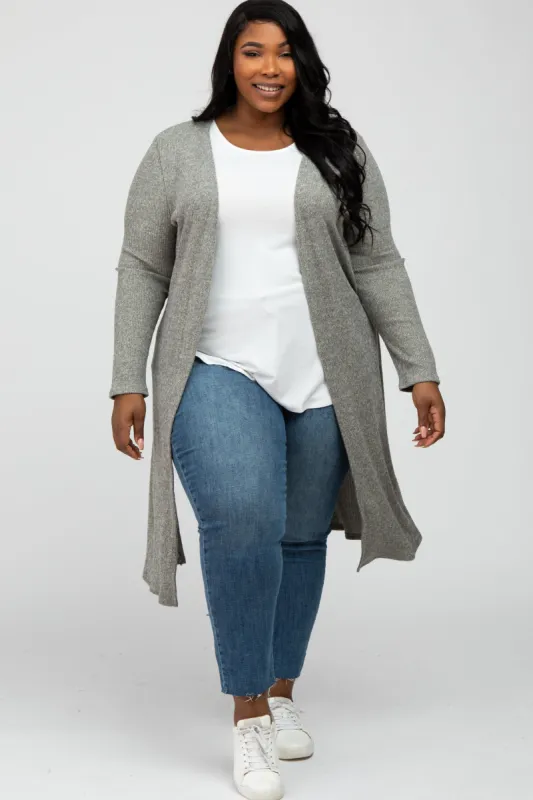 Beige Heathered Ribbed Side Slit Long Plus Cardigan sold by Pinkblush
