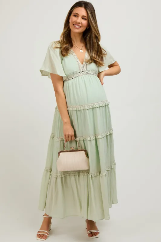 Mint Crochet Lace Tiered Maternity Maxi Dress sold by Pinkblush