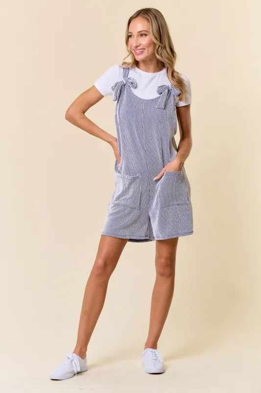 Royal Blue Striped Bow Strap Romper sold by Pinkblush