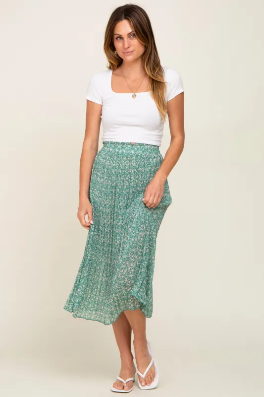 Green Floral Pleated Midi Skirt sold by Pinkblush