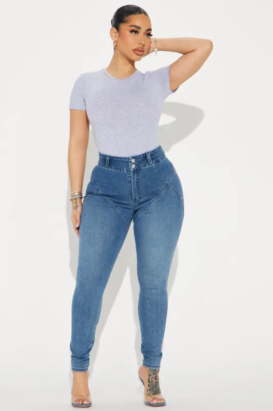 Booty So Good Moto Stretch Skinny Jeans - Medium Wash sold by Fashion Nova