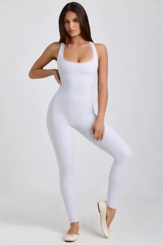 Ribbed Modal Lace-Trim Jumpsuit in Grey sold by Oh Polly