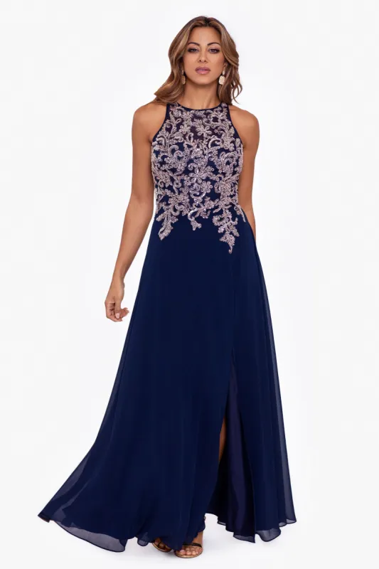Petite "Katie" Long Chiffon Beaded Halter Dress sold by Betsy & Adam