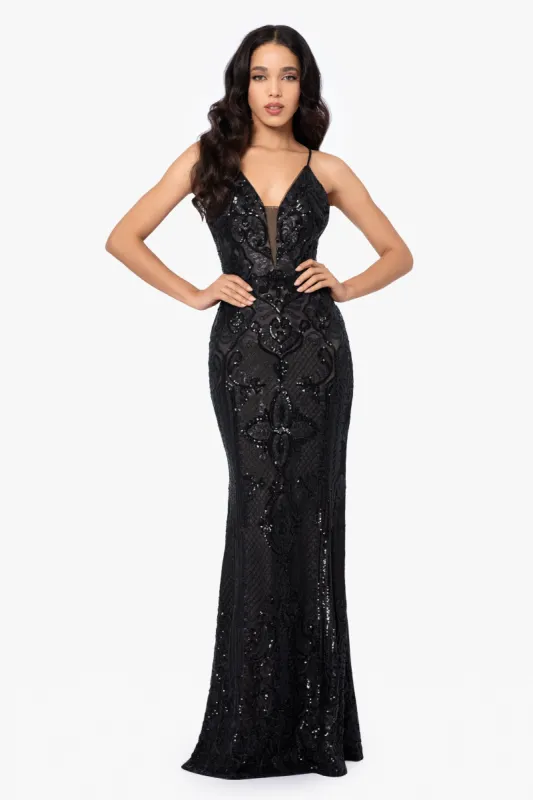 "Anne" Floor Length Sequin V-Neck Illusion Mesh Insert sold by Betsy & Adam