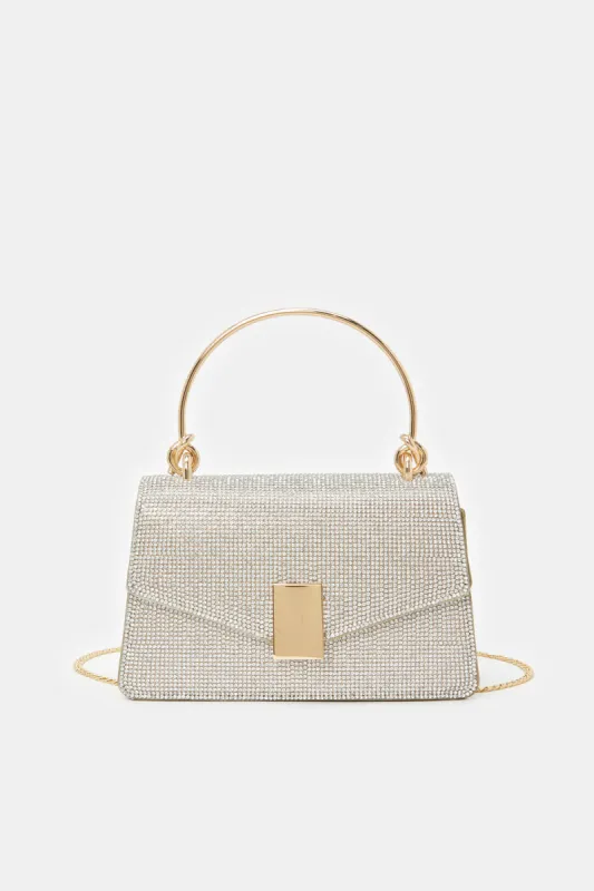 Women Gold Embellished Handle Evening Clutch sold by Redtag