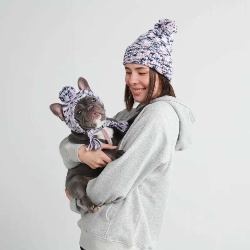 Human Pompom Hat - Pink Grey Navy sold by Spark Paws