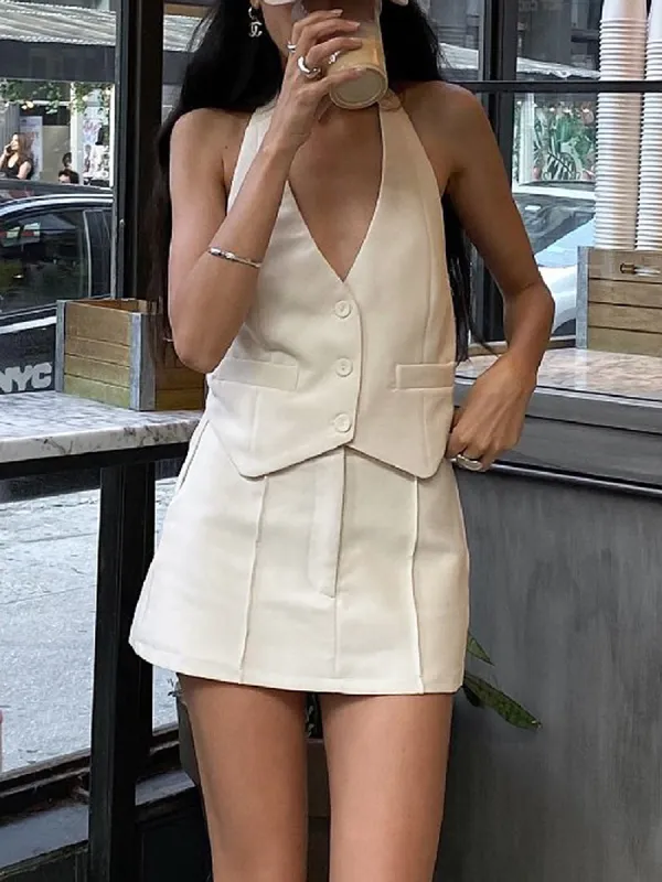 Button Front Halter Neck Backless Vest Blazer With Skirt Set sold by COMMENSE