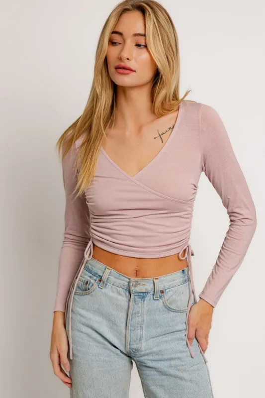 Pink Long Sleeve Side Ruched Surplice Top sold by Pinkblush