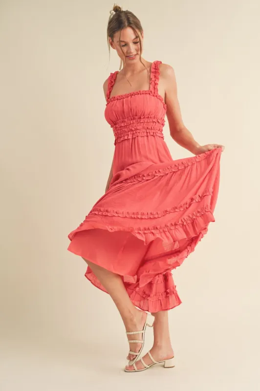 Coral Red Ruffled Midi Dress sold by Pinkblush