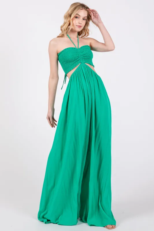 Green Smocked Drawstring Halter Side Cutout Jumpsuit sold by Pinkblush