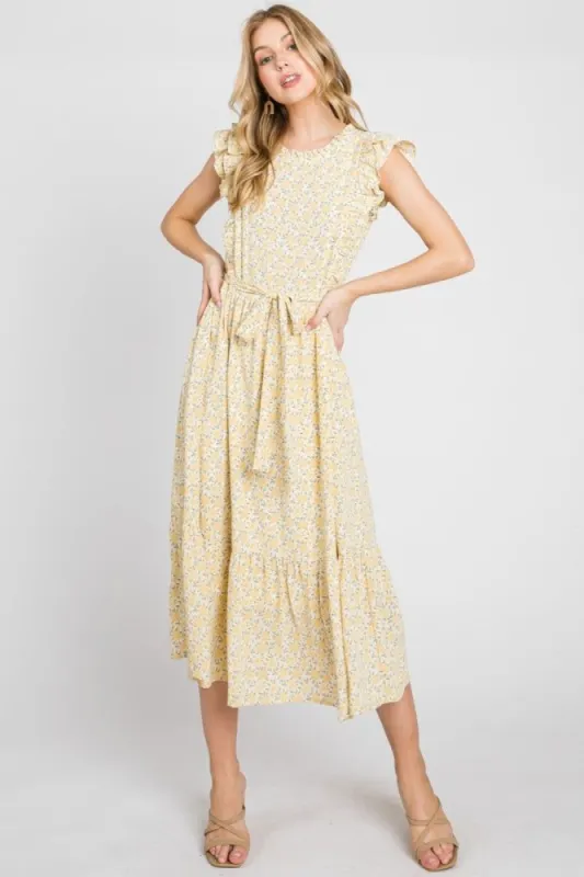 Yellow Ruffle Dress With Belt sold by Pinkblush