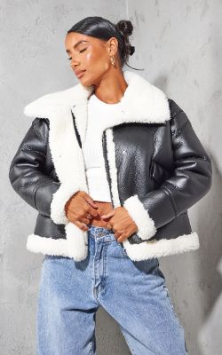 Black Faux Fur Lined Faux Leather Buckled Aviator Jacket sold by Pretty Little Thing