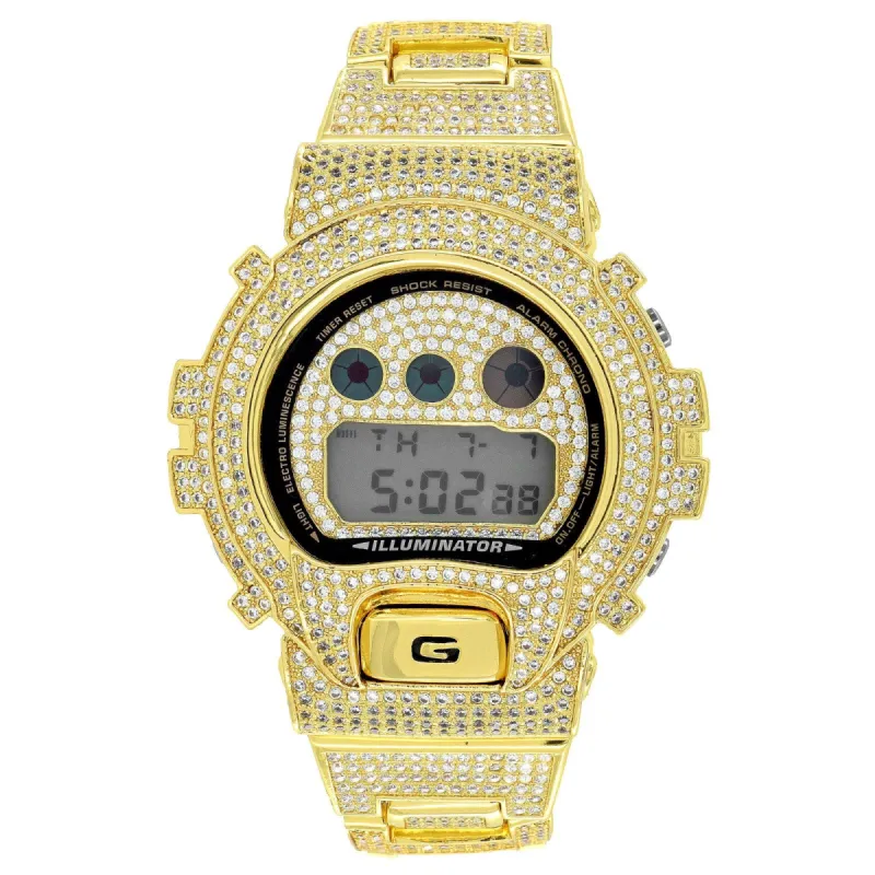 Gold Tone Fully Iced Moissanite Diamond Casio Gshock DW6900 Watch sold by Master Of Bling