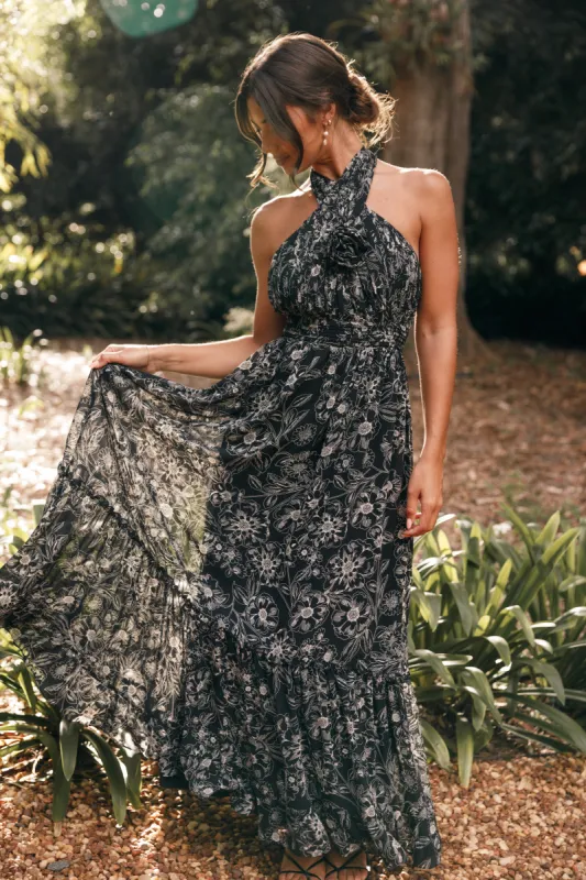 Lennon Halterneck Maxi Dress - Black Floral sold by Petal & Pup
