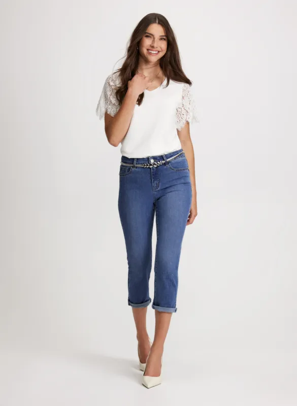Lace Sleeves Top & Denim Capris sold by Laura