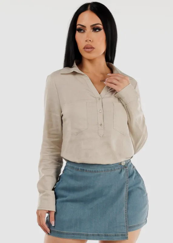 Beige Linen Long Sleeve Half Button Up Shirt sold by Moda