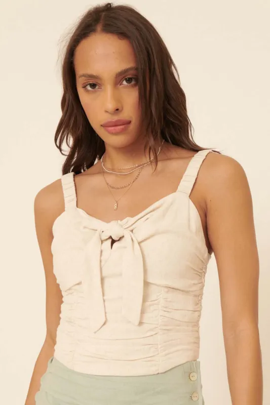 Oatmeal Woven Ruched Self Tie Knot Cami Top sold by Pinkblush