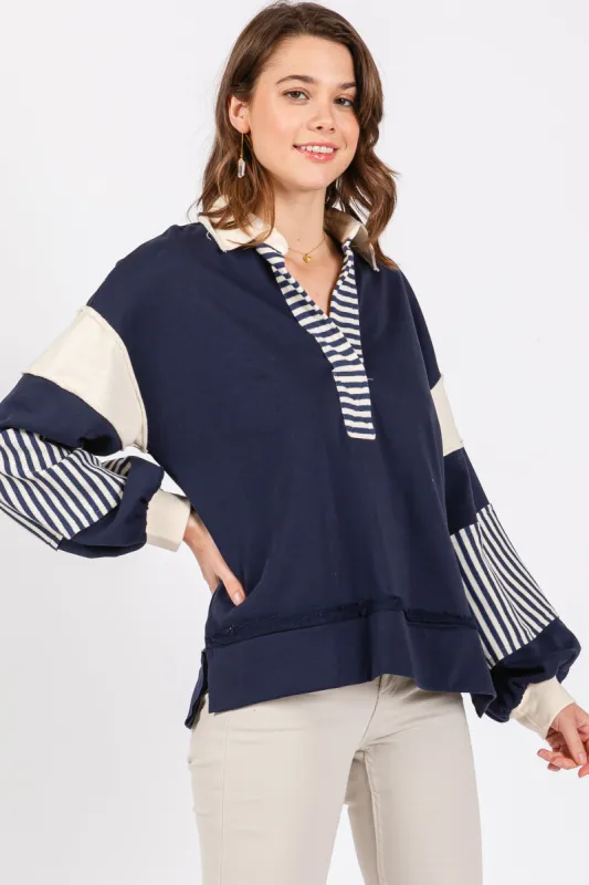 Navy Colorblock Striped Long Sleeve Top sold by Pinkblush