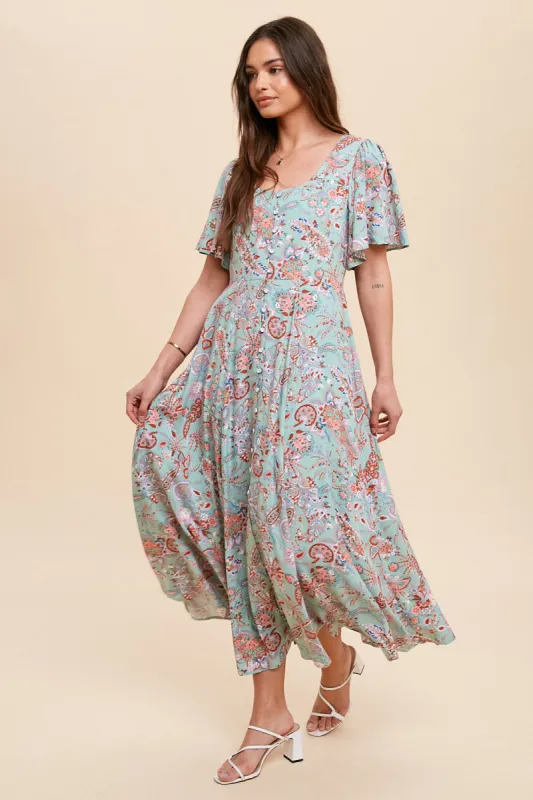 Mint Green Floral Button Front Short Flutter Sleeve Maxi Dress sold by Pinkblush